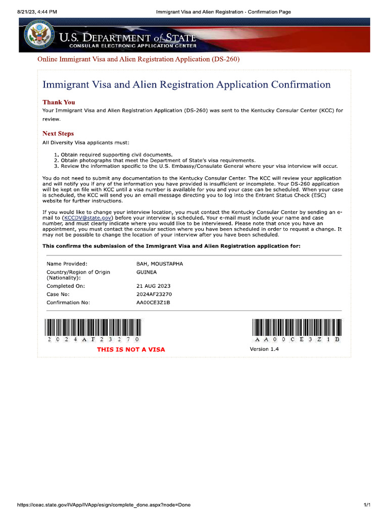 Immigrant Visa and Alien Registration - Confirmation Page | PDF