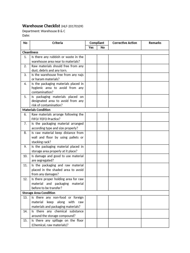 Warehouse Checklist (Raw Material) | PDF