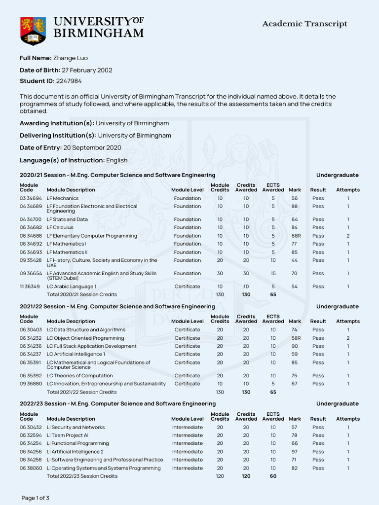 Academic Transcript 2247984 4754 en | PDF | Academic Degree | Master's ...