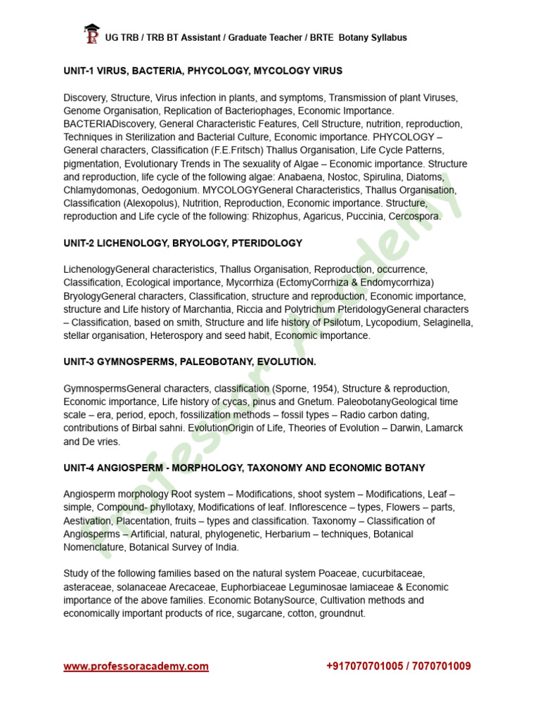 UG TRB Botany Syllabus | PDF | Cell (Biology) | Botany