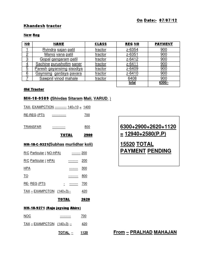 Tractor Registration and Payment Summary | PDF