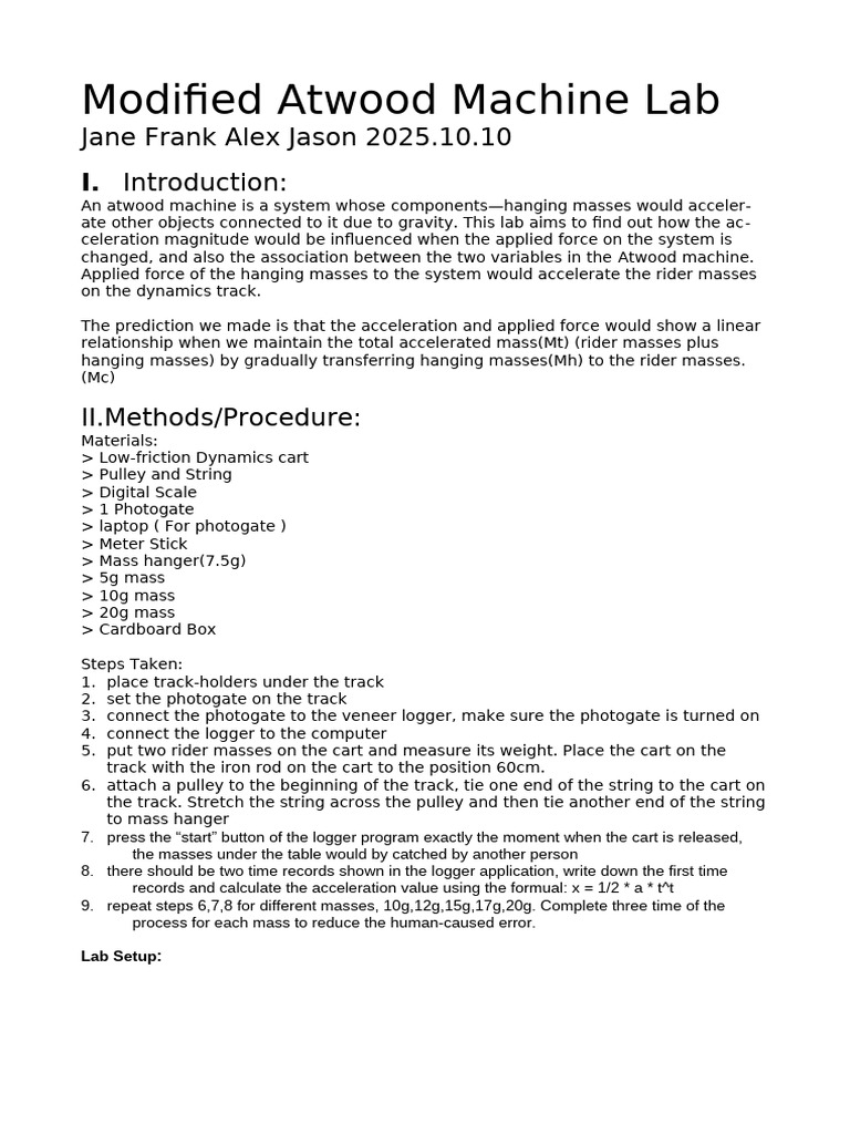 Modified Atwood Machine Lab Report | PDF | Force | Mass