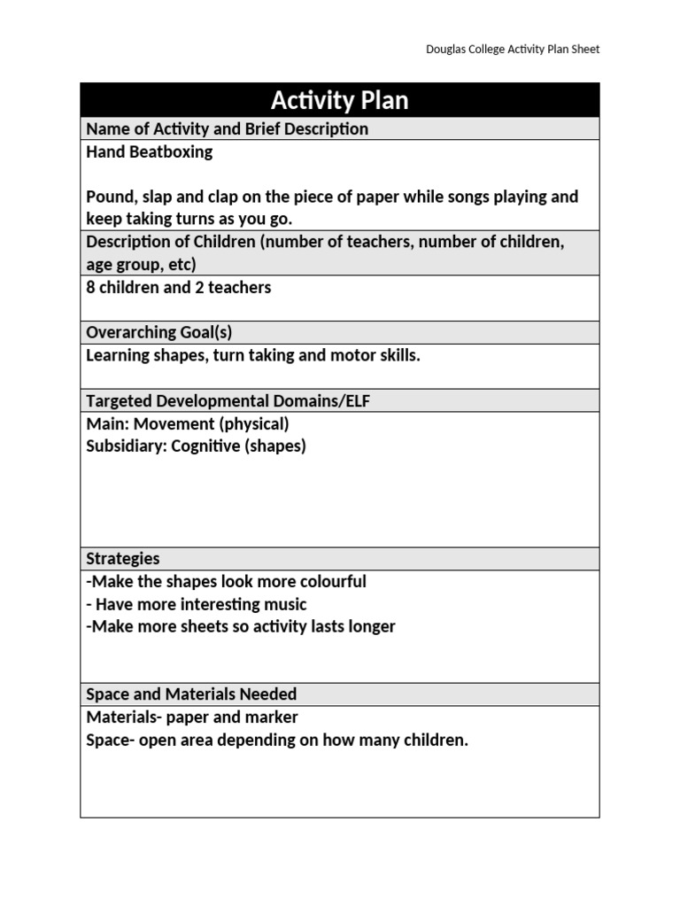 Activity Plan Form Music and Movement | PDF