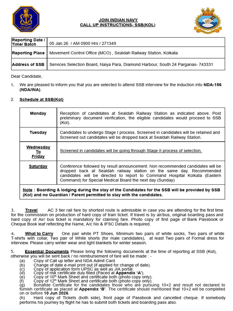 Call Up Instructions SSB Kol Nda | PDF