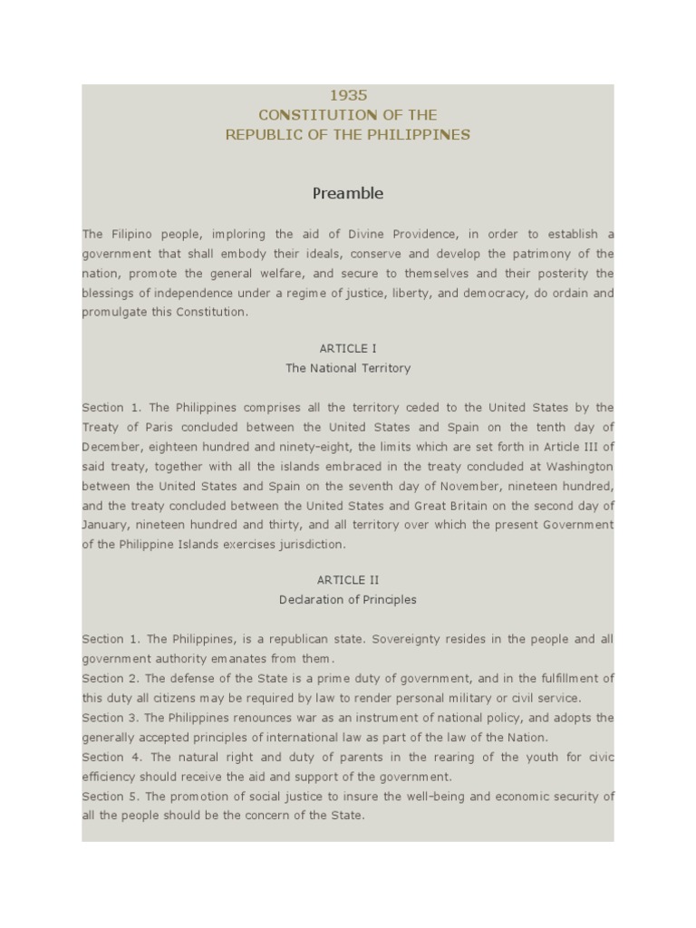 Preamble of the 1935 Philippine Constitution | PDF | United States ...