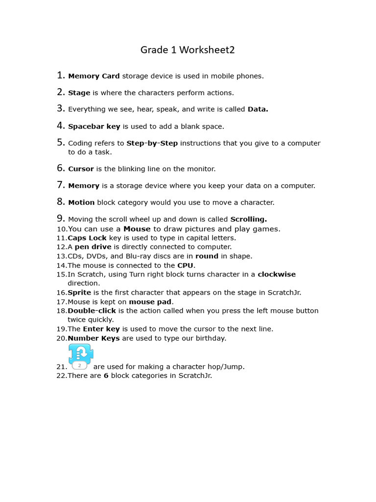 Grade 1 Computer Worksheet 2 | PDF