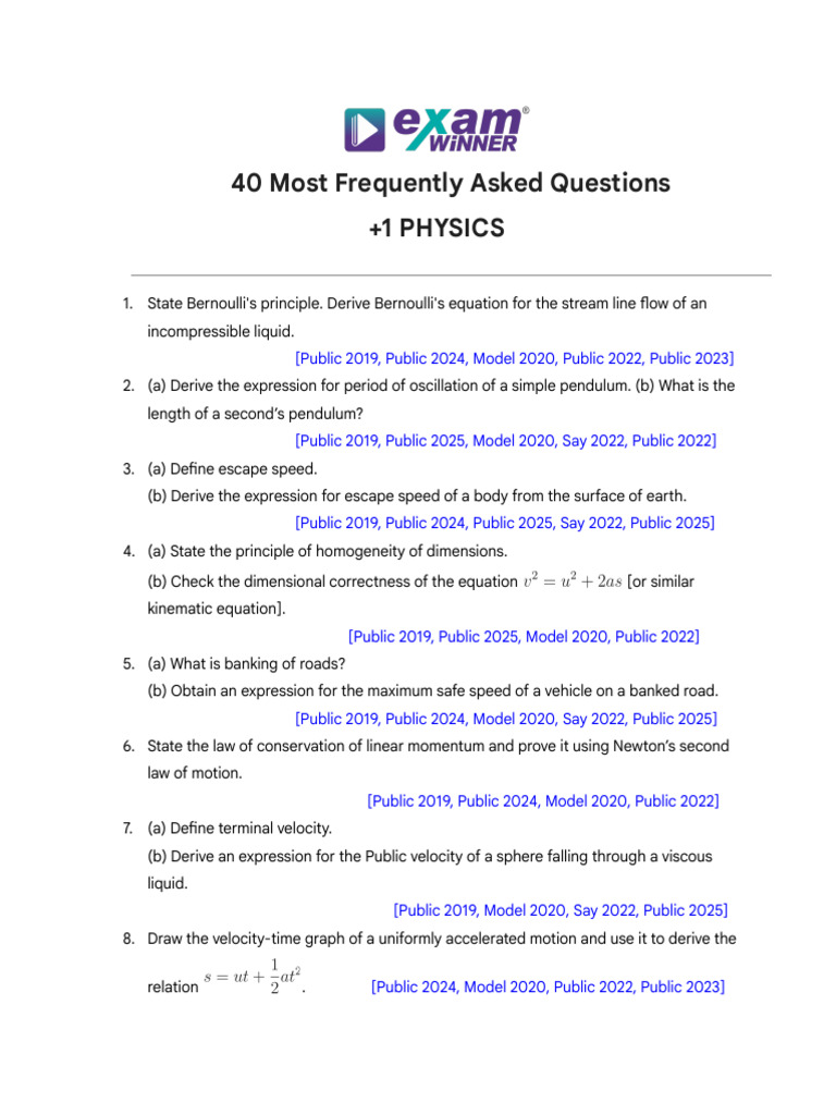 +1 Physics Most Repeated Questions | PDF | Force | Newton's Laws Of Motion