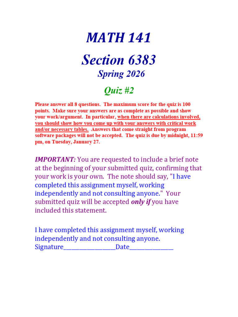 MAT 141 - Quiz 2 - SP2026 | PDF | Geometry