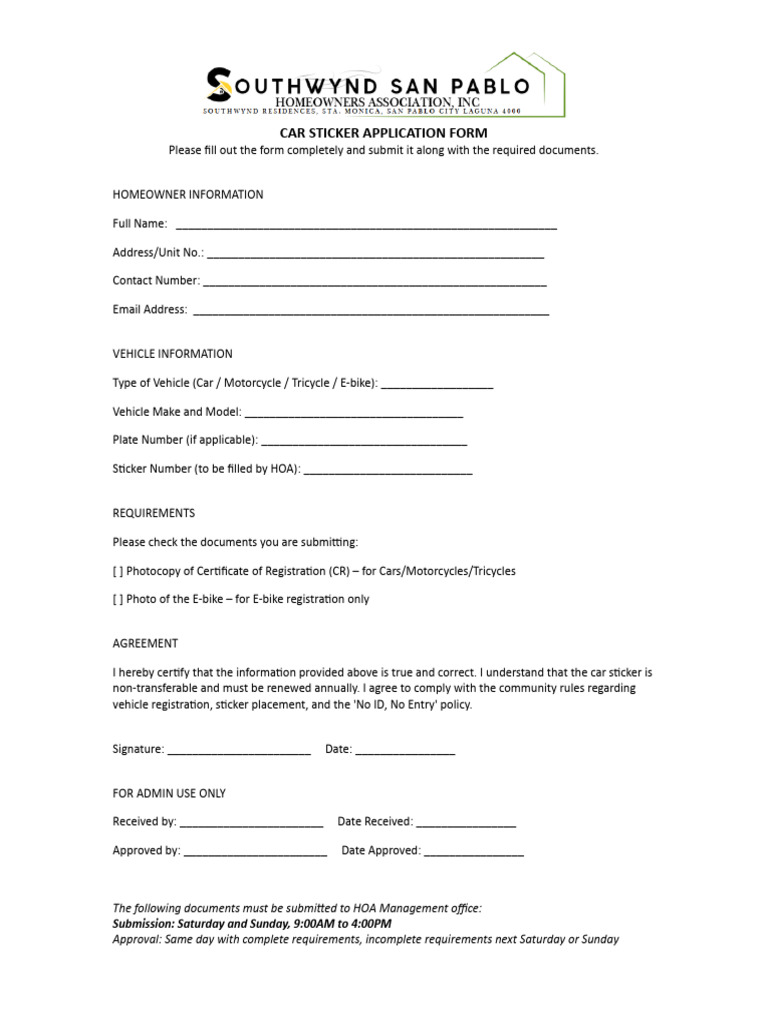 Car Sticker Application Form | PDF