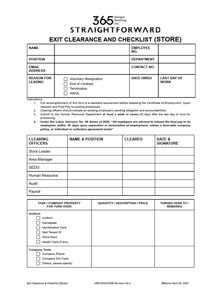HR 2023 003B Exit Clearance and Checklist Stores 3 | PDF | Employment ...