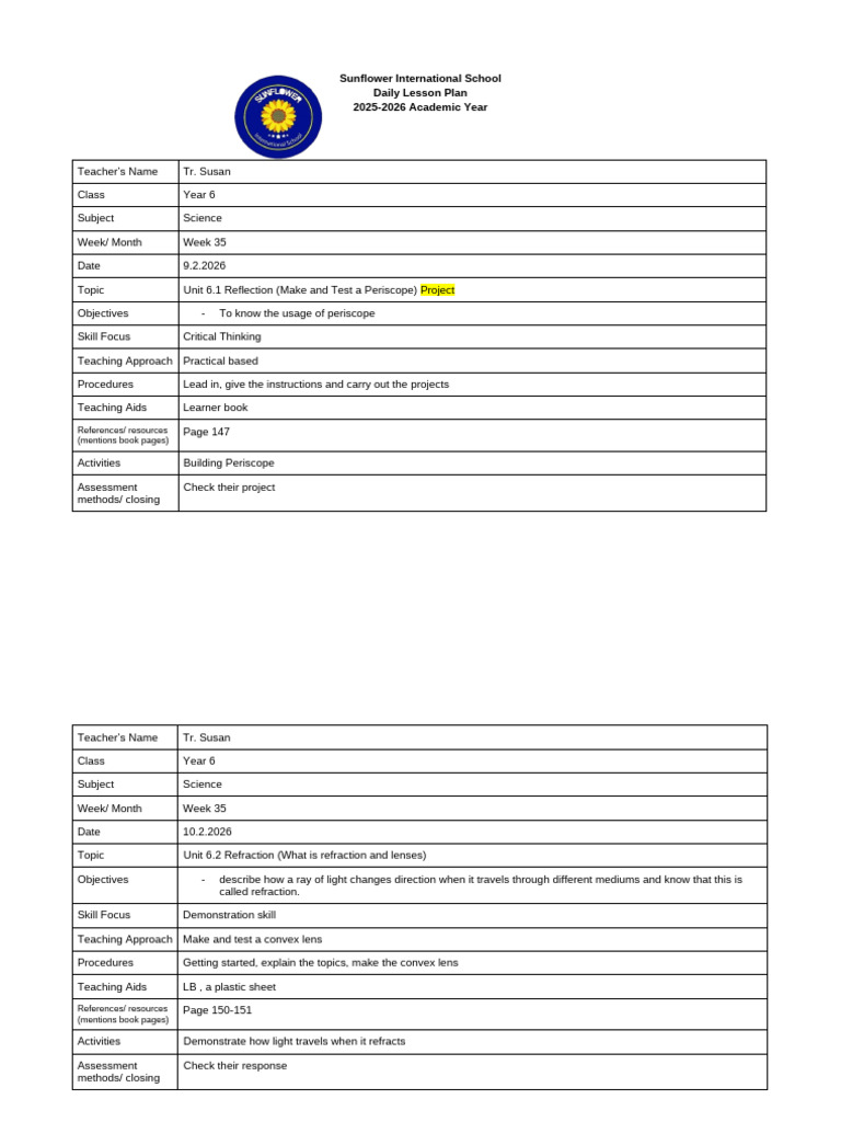 Week 35 Year 6 Science Daily Plan (9.2.2026-11.2.2026) | PDF | Teachers ...