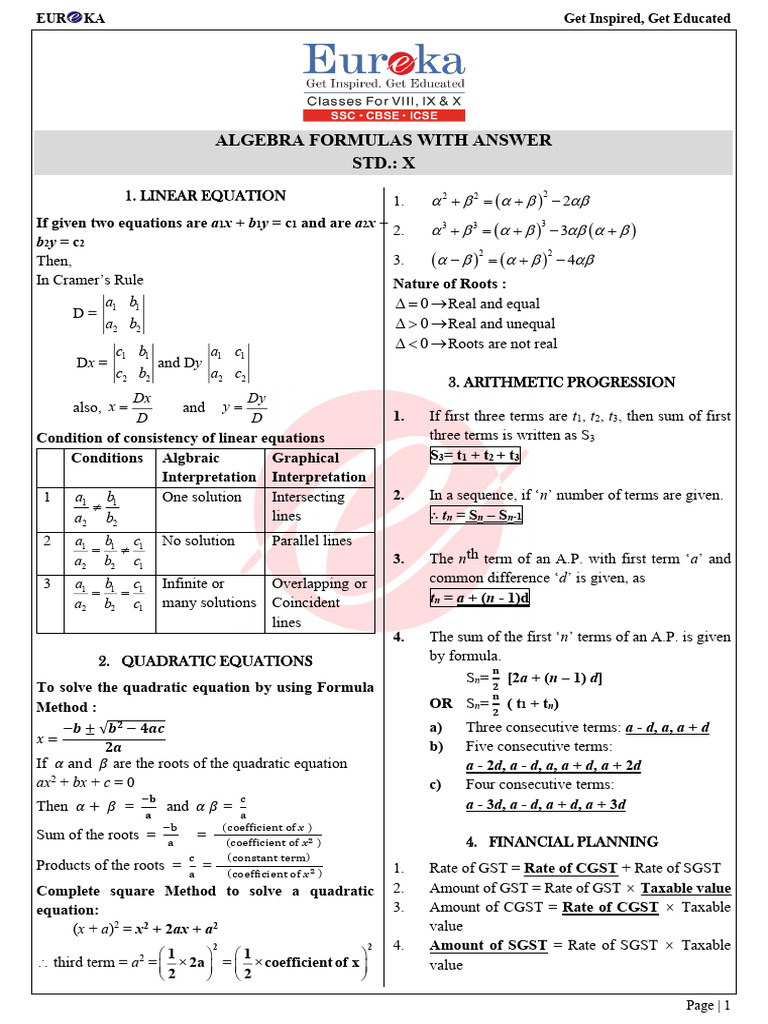 X - Algebra & Geometry Formula | PDF | Quadratic Equation ...