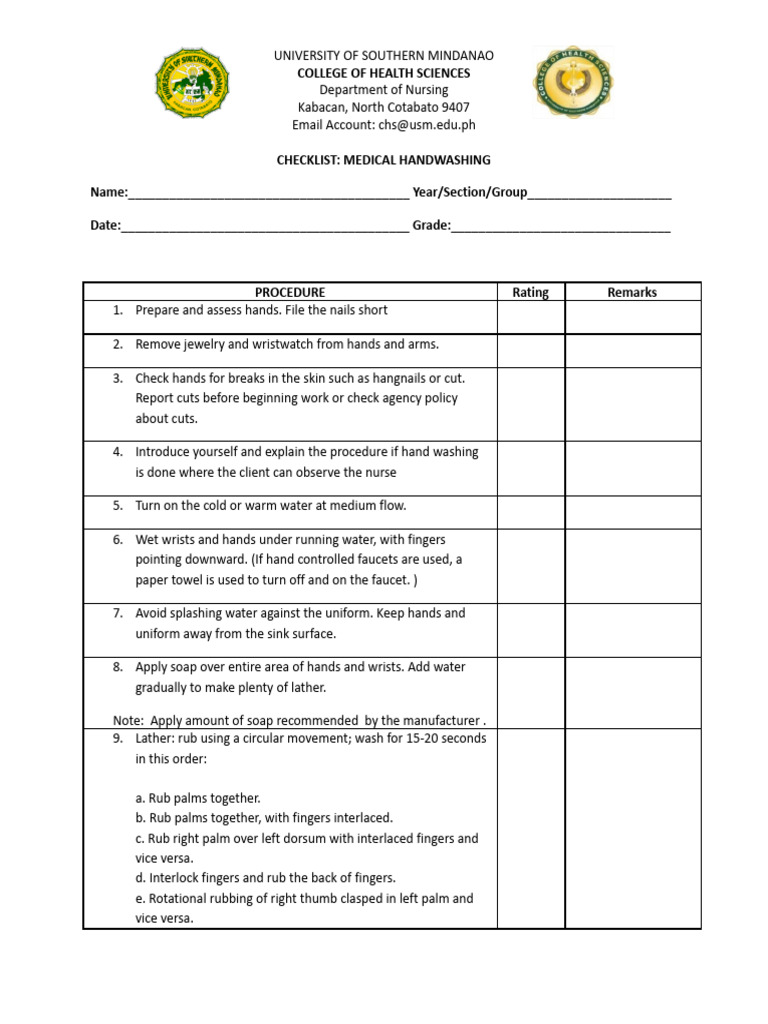 Medical Handwashing Checklist | PDF | Hand Washing