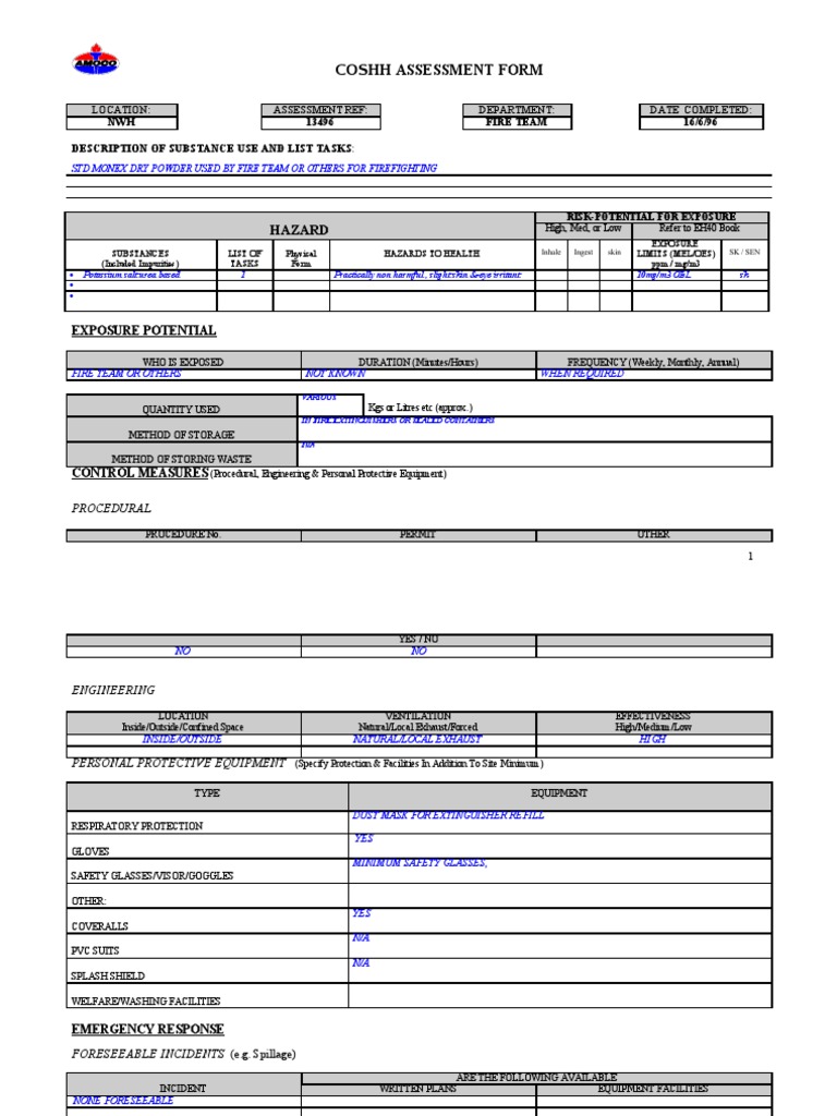 Coshh Assessment Form | PDF | Personal Protective Equipment | Safety