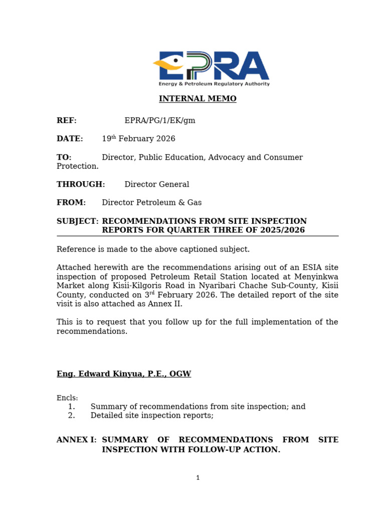 MEMO To DPEACP On ESIA Site Inspection Report - 6391 - Farah Abdi Ali ...