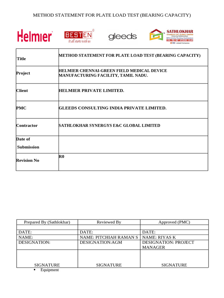 Method Statement For Plate Load Test (Bearing Capacity) | PDF