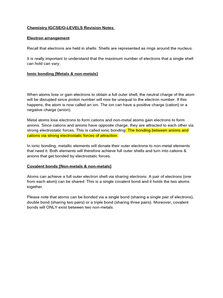 Chemistry IGCSE O LEVELS Revision Notes Compounds | PDF