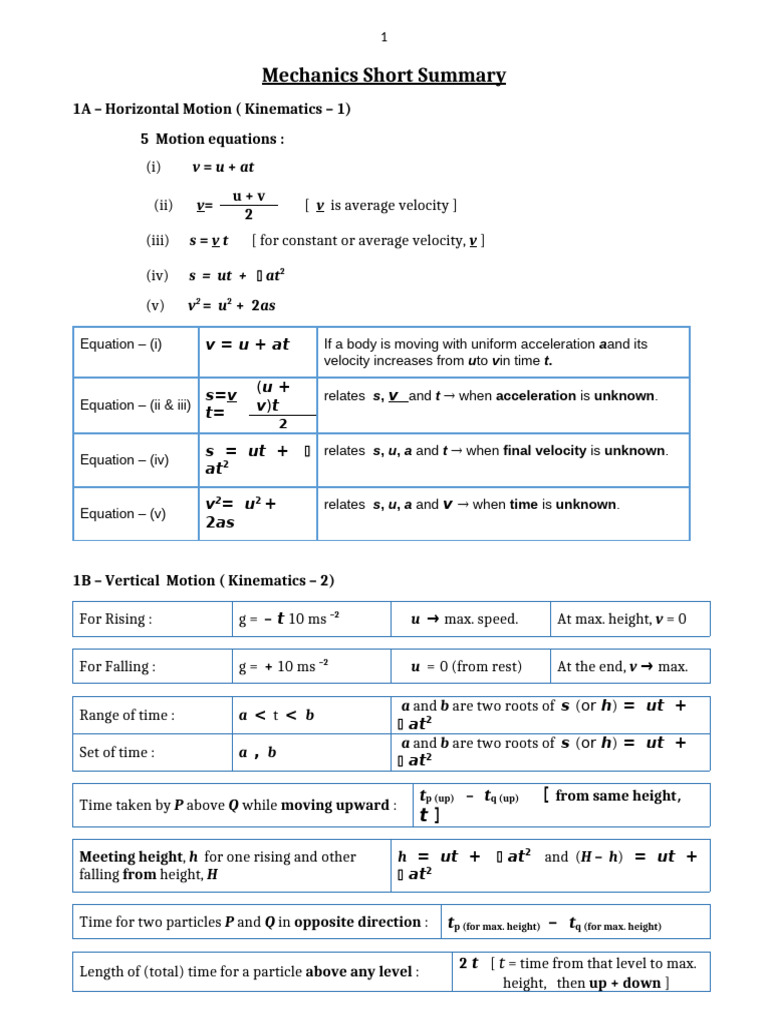 Mechanics Short Summary | PDF | Kinematics | Acceleration