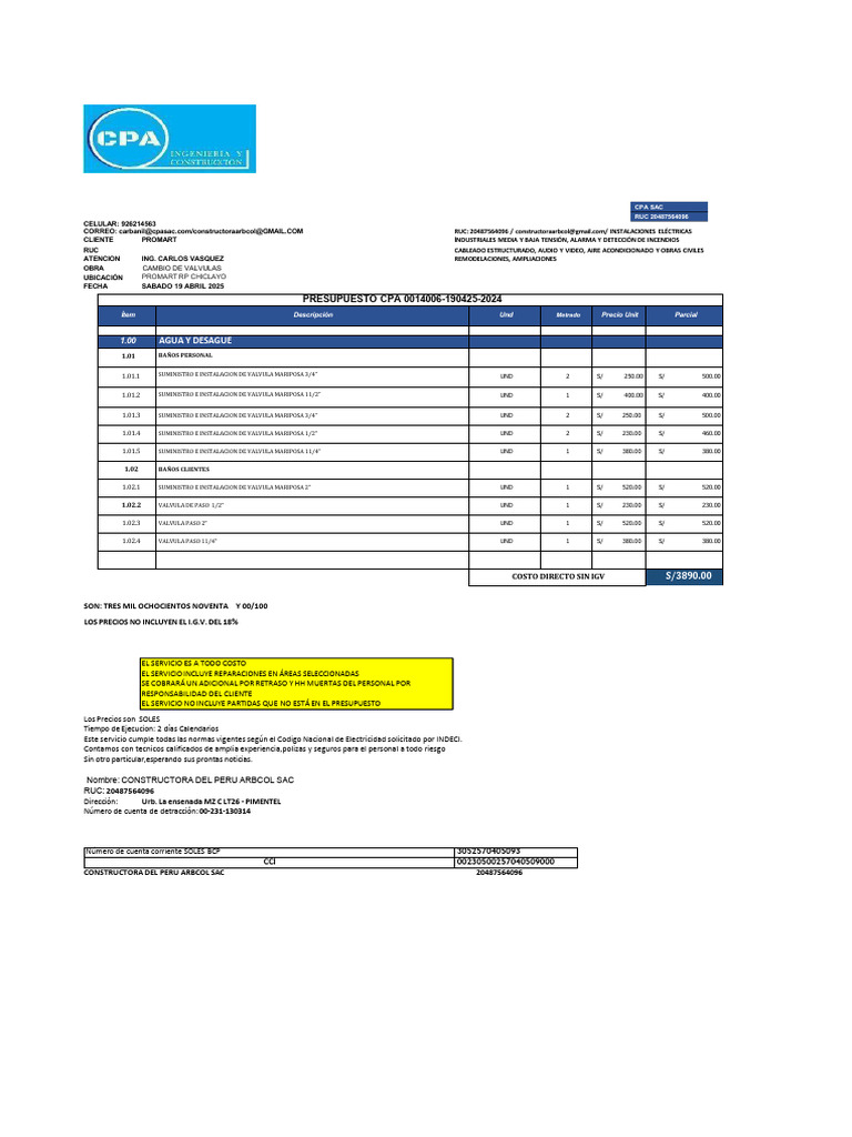 Suministro e Instalacion Valvulas - Promart RP Chiclayo | PDF