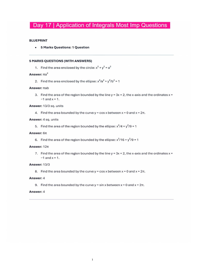 Application of Integrals MIQ Maths | PDF