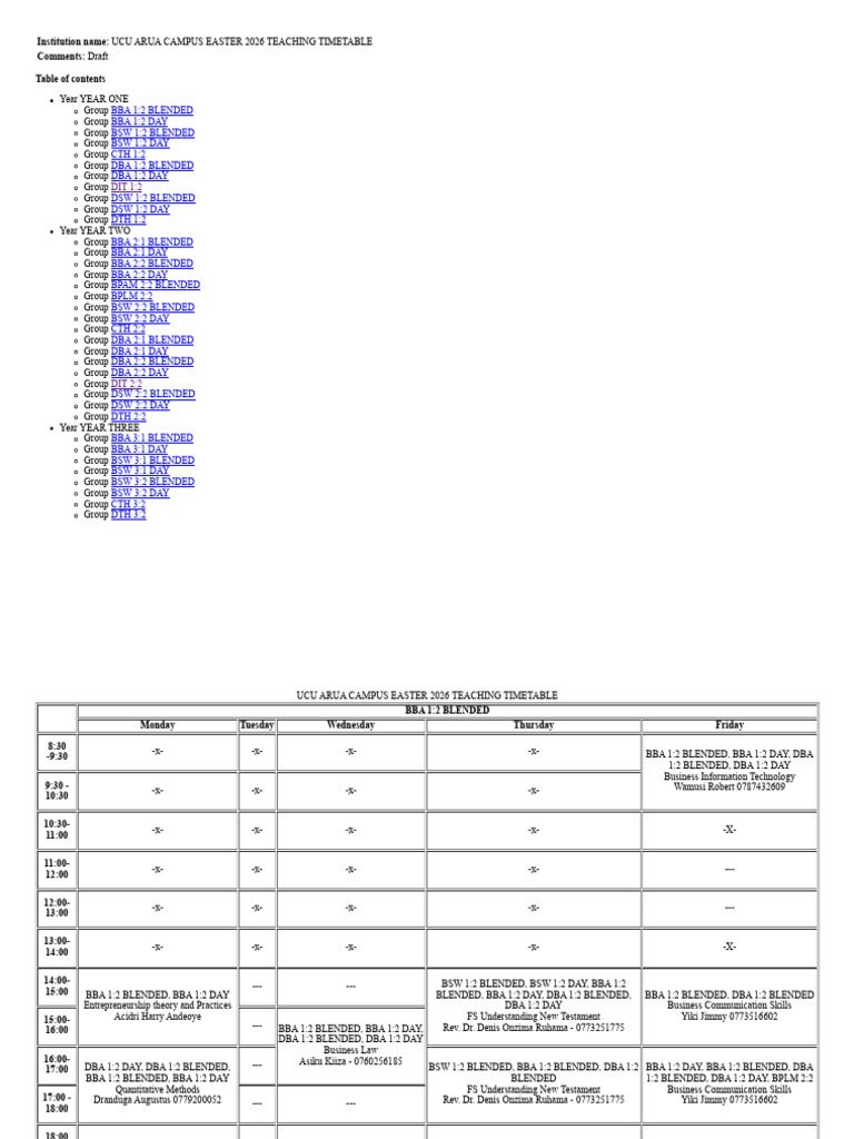 Ucu Arua Campus Easter 2026 Teaching Timetable | PDF