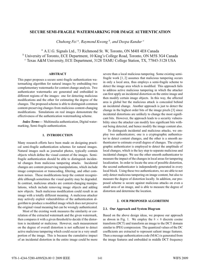 Secure Semi-Fragile Watermarking For Image Authentication: Chuhong Fei ...