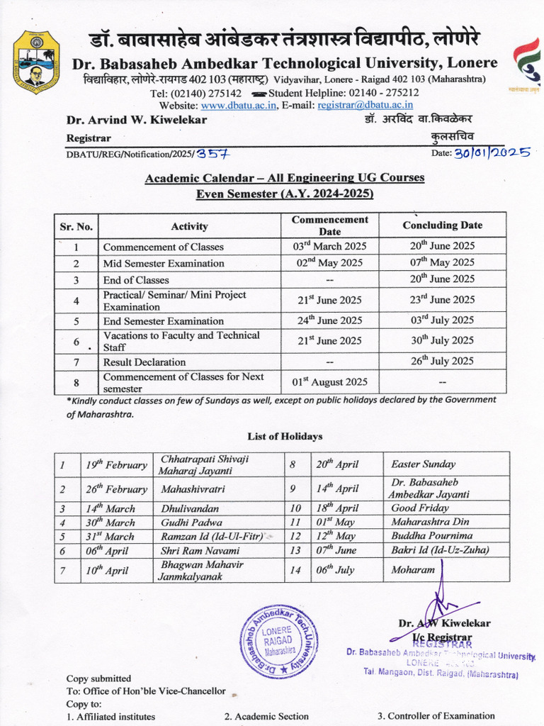 Academic Calendar Engineering UG EvenSem AY 2024-25-357 | PDF