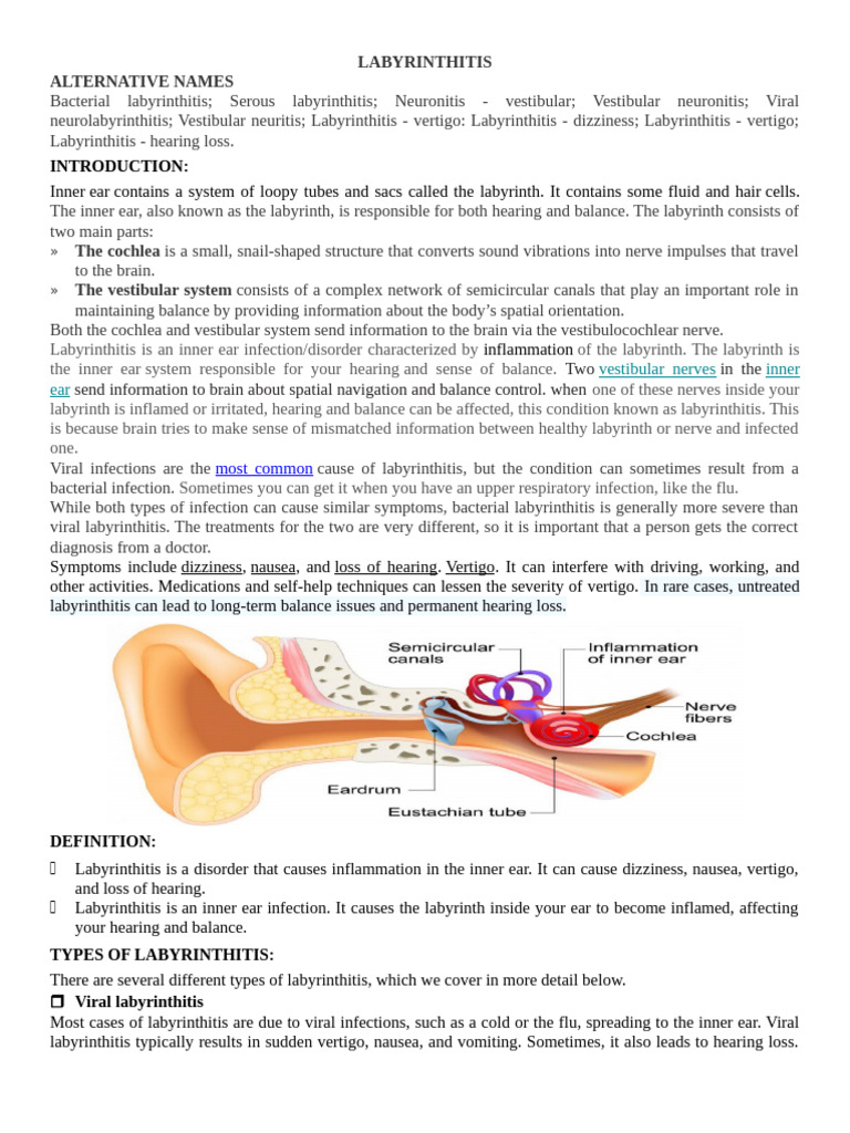 Labyrinthitis - BSC 3rd Yr | PDF | Vertigo | Vestibular System