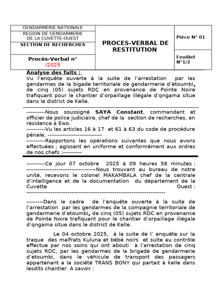 PV de Restitution | PDF | Forces de l'ordre | Crime et violence