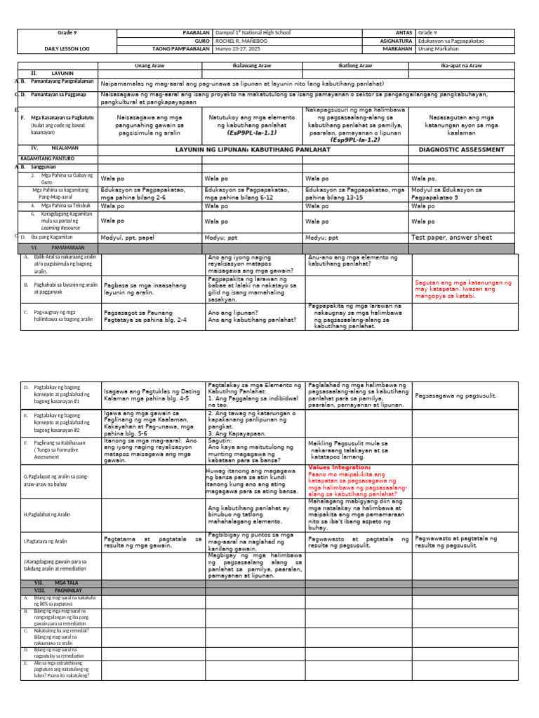 DLL Grade 9 Values 2025-26 | PDF