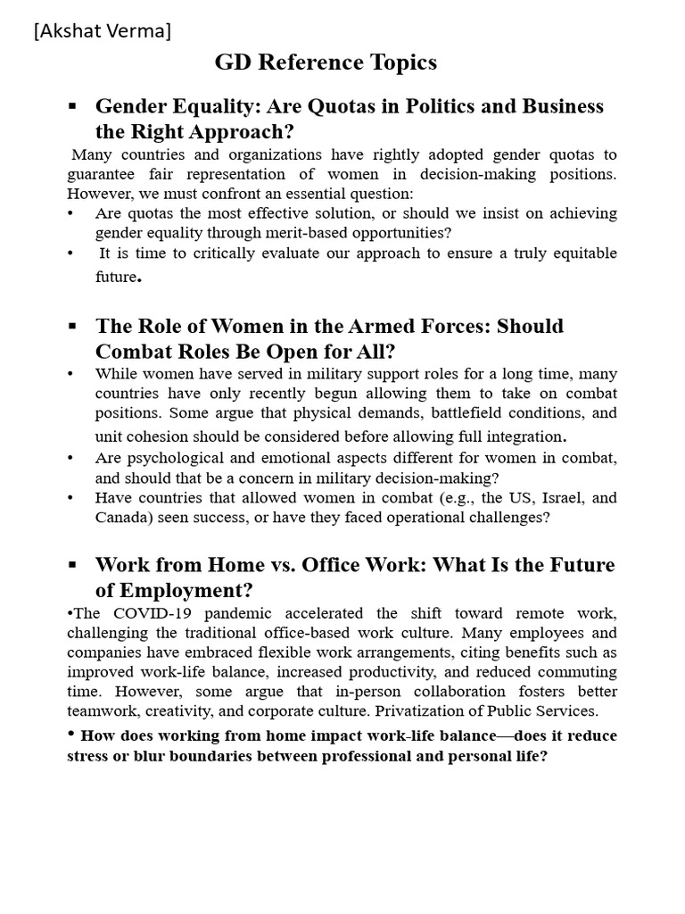GD Reference Topics: Gender Equality: Are Quotas in Politics and ...