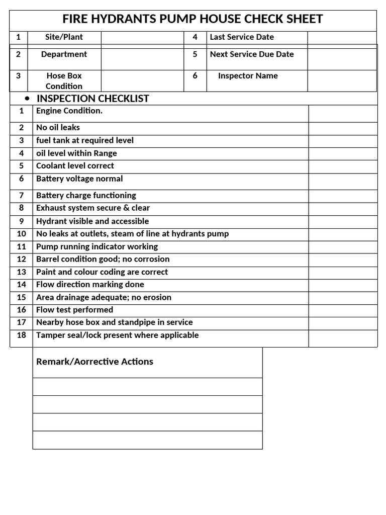 Fire Hydrants Pump House Check Sheet 1 | PDF