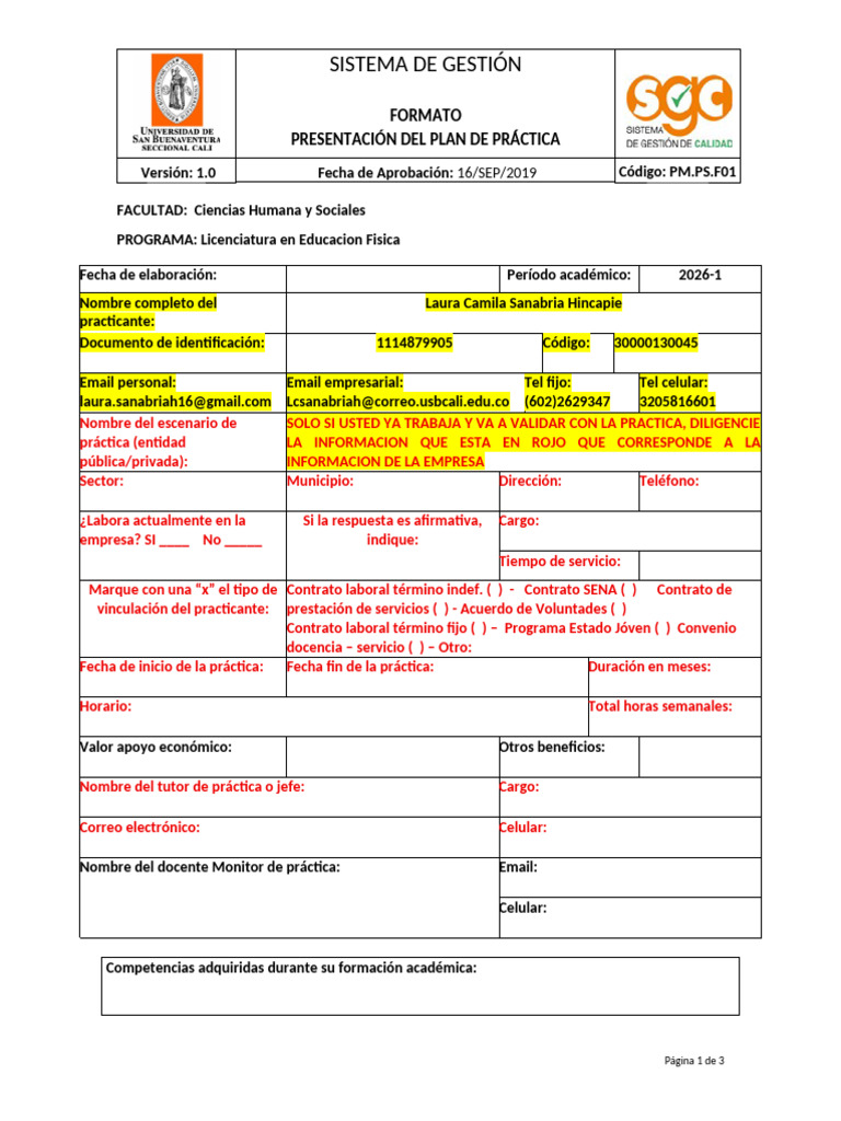 Formato Plan de Practica Laura Camila Sanabria 2026 | PDF