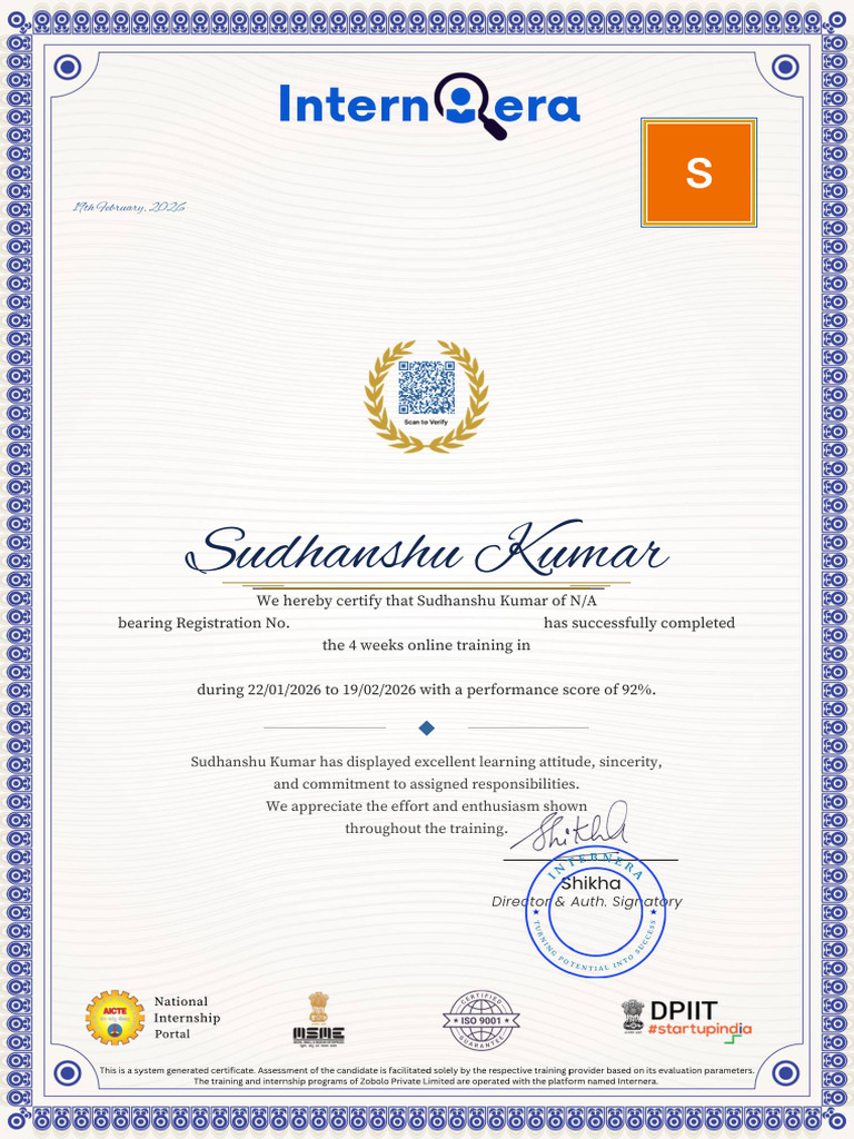 Sudhanshu Kumar Internera Certificate | PDF