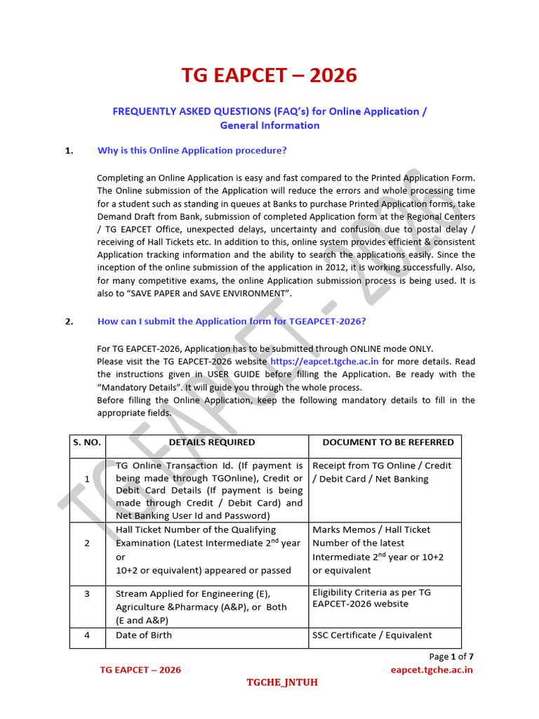 FAQ's For Online Application TG EAPCET - 2026 | PDF | Debit Card | Payments