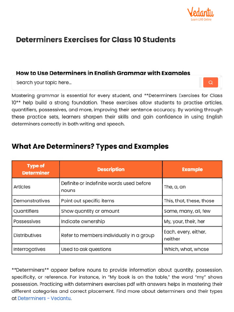 Determiners Exercises For Class 10 Students | PDF