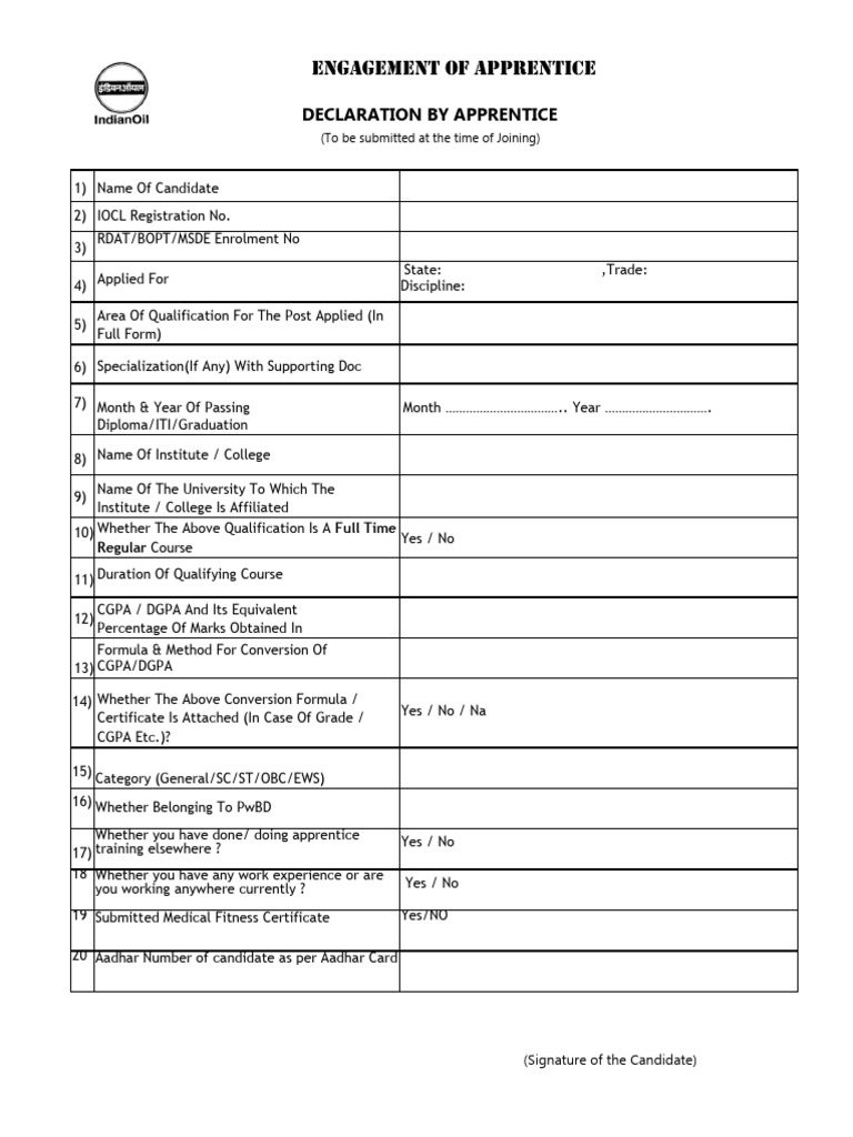 Declaration by Apprentice at The Time of Joining | PDF