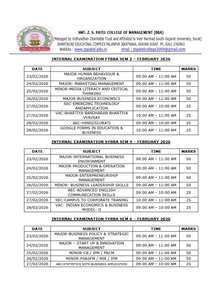 Internal Exam Time Table | PDF