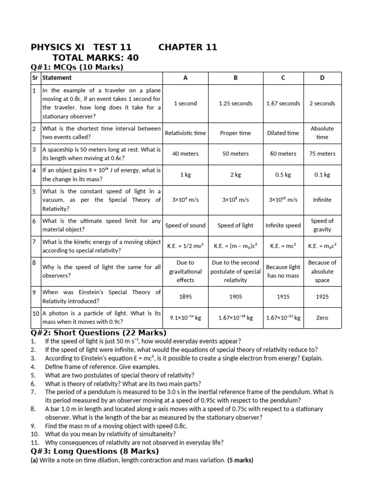 Physics Xi Test 11 Chapter 11 Total Marks 40 | PDF | Special Relativity ...