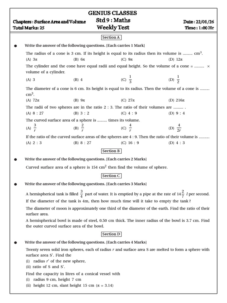 Maths Test 9th | PDF | Sphere | Geometric Shapes