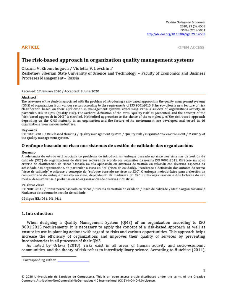 Article: The Risk-Based Approach in Organization Quality Management ...