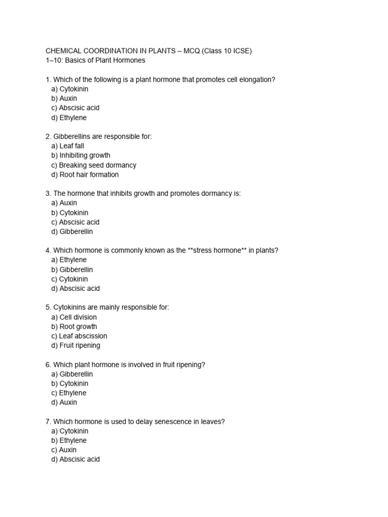 Chemical Coordination in Plants - MCQ (Class 10 Icse) | PDF | Plant ...