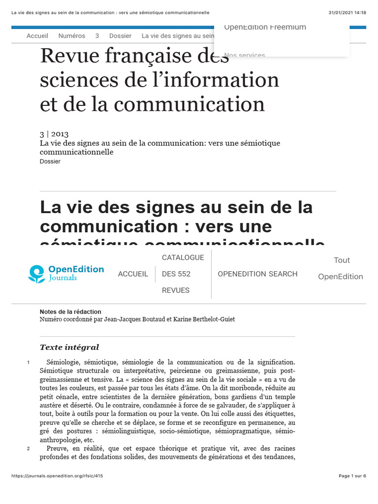 La Vie Des Signes Au Sein de La Communication - Vers Une Sémiotique ...