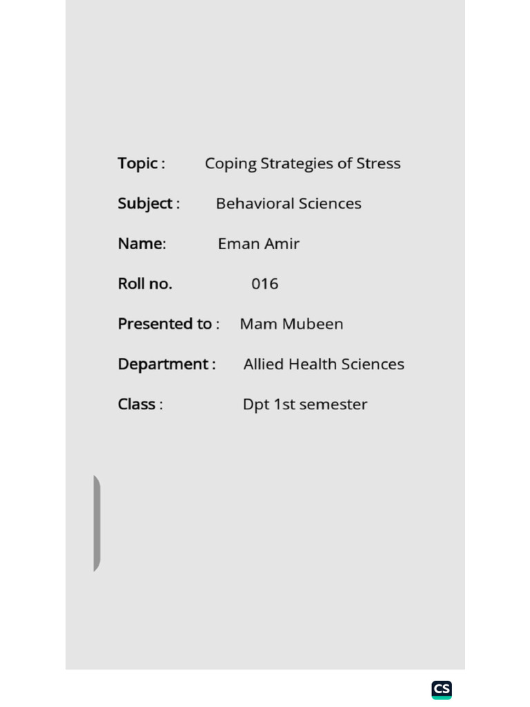 Coping Strategies of Stress Behavioural Sciences | PDF