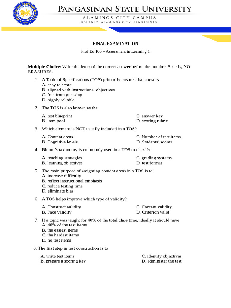 Final Examination Assessment 1 Updated | PDF | Validity (Statistics ...