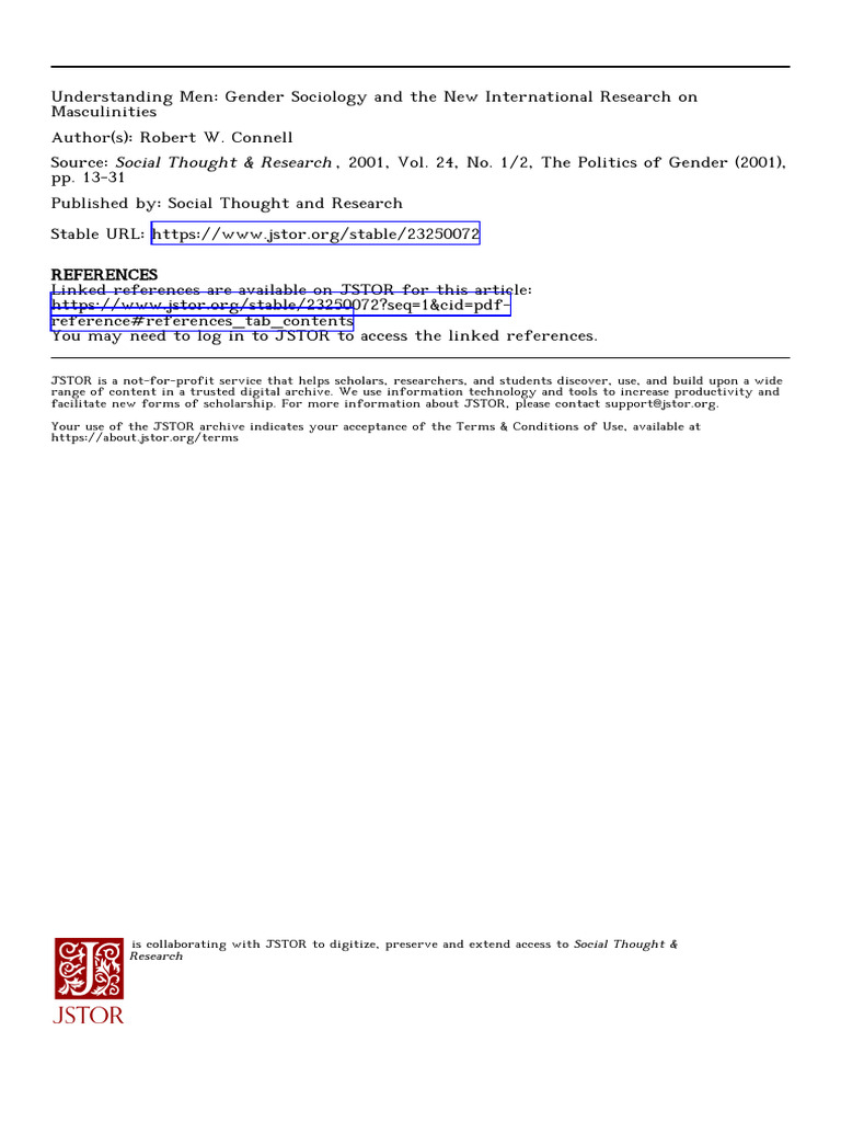 Connell UnderstandingMenGender 2001 | PDF | Masculinity | Gender