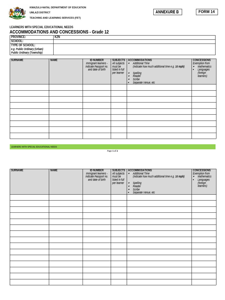 Form 14 and Annexure B - Accommodations and Consessions | PDF