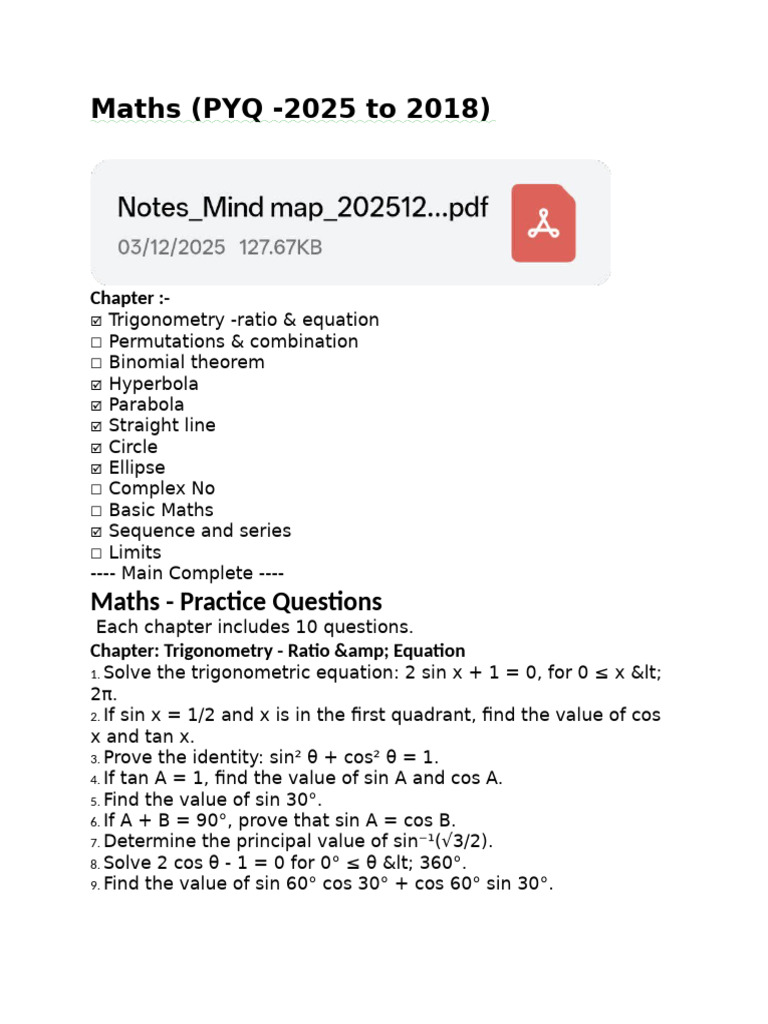 Maths (PYQ - 2025 To 2018) | PDF | Circle | Ellipse
