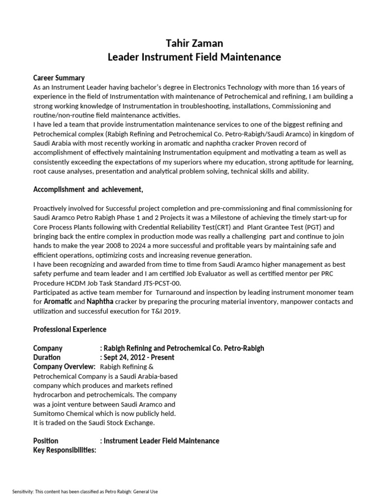 Tahir Zaman Instrument Team Leader | PDF | Instrumentation ...