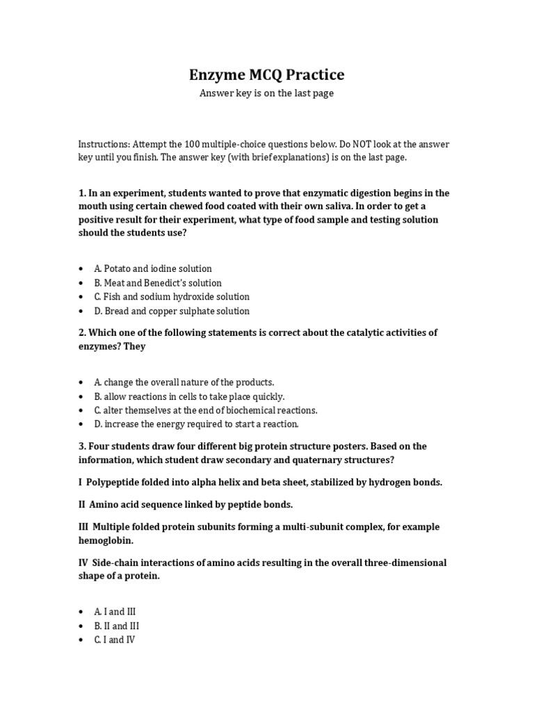 Enzyme MCQ Practice | PDF | Enzyme | Active Site